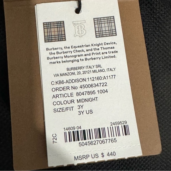 Burberry Designer 2023 Black Lightweight WindBreaker size 3T - Picture 5 of 8